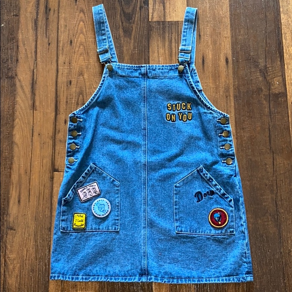 Forever 21 Blue Denim Overall Dress with Patch Accents